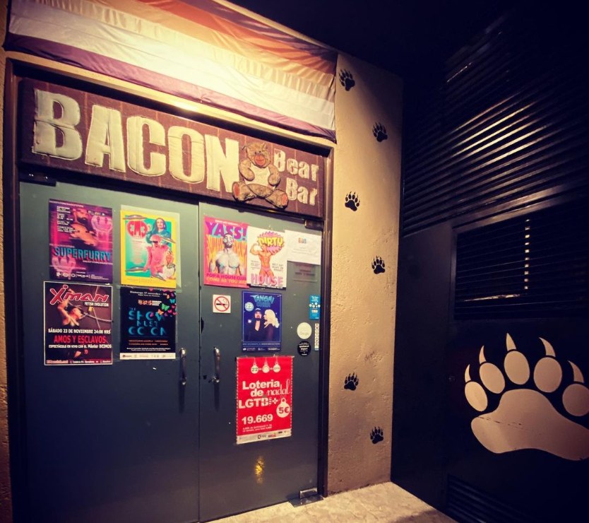 Bacon Bear Bar entrance with wooden sign and teddy bear