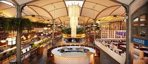 Restaurant seating inside El Nacional, Barcelona