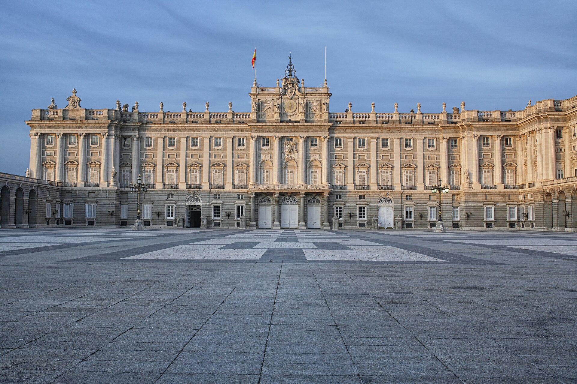 The Royal Palace of Madrid seen across the Plaza de la Armería courtyard